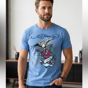 ED HARDY Rhinestone Eagle Anchor Tee T-Shirt Size XXL blue